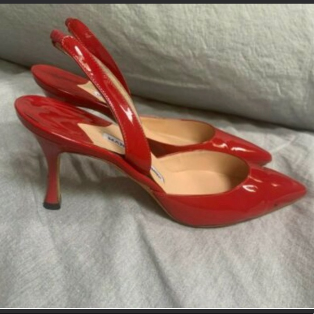 Manolo Bhanik Red Patent Sling Back Pumps, size 39